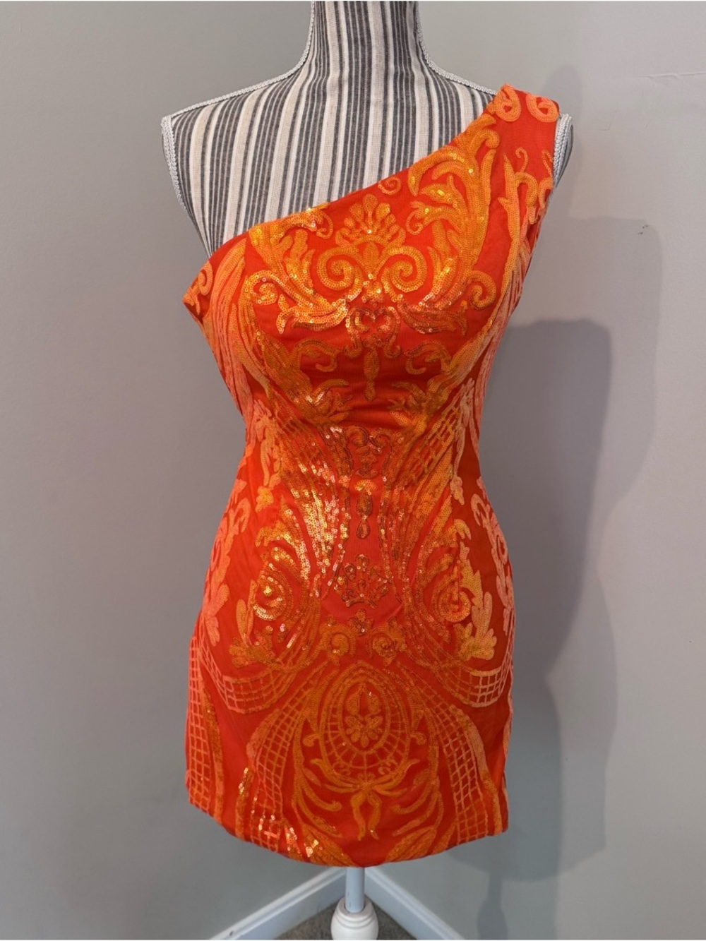 Cocktail Prom Dress Mini One-Shoulder Sequin Orange Sz 2